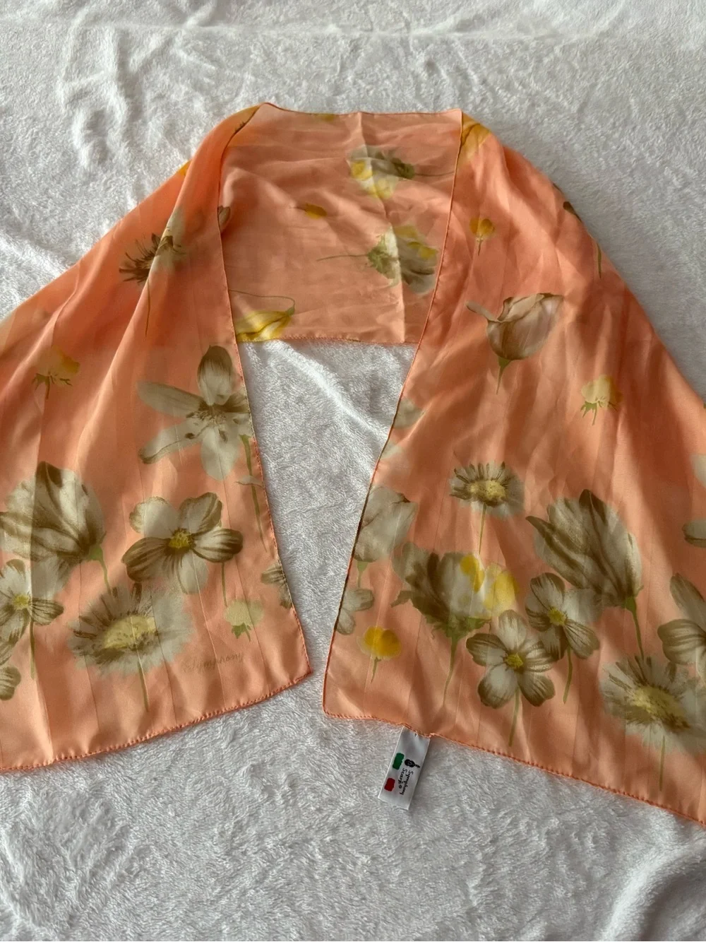 Vintage Symphony Peach Watercolor White & Yellow Flowers Chiffon Scarf Italy